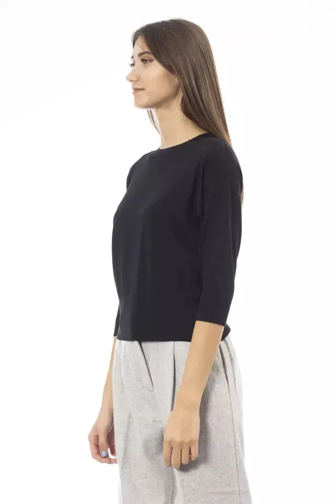 Alpha Studio Elegant Black Crew Neck Sweater with Short Sleeves