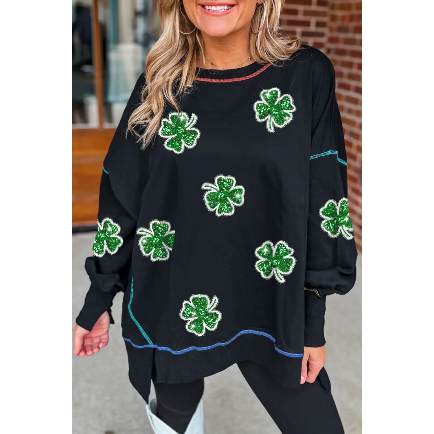 Black Sequin Clover Exposed Seam Split Lantern Sleeve Sweatshirt