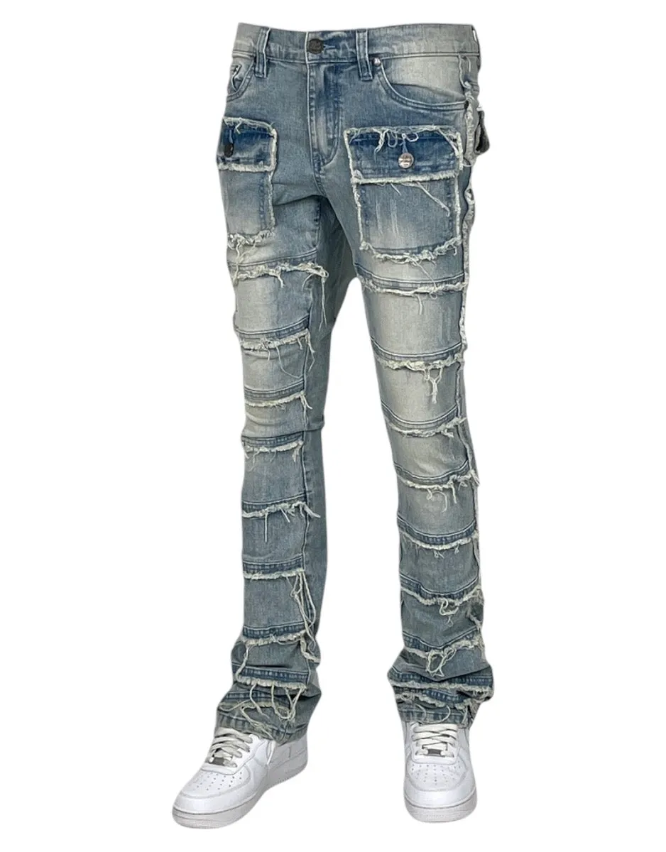 Blue Wash Stacked Jeans Men's Denim Pants Frayed Stack Fit with Pockets