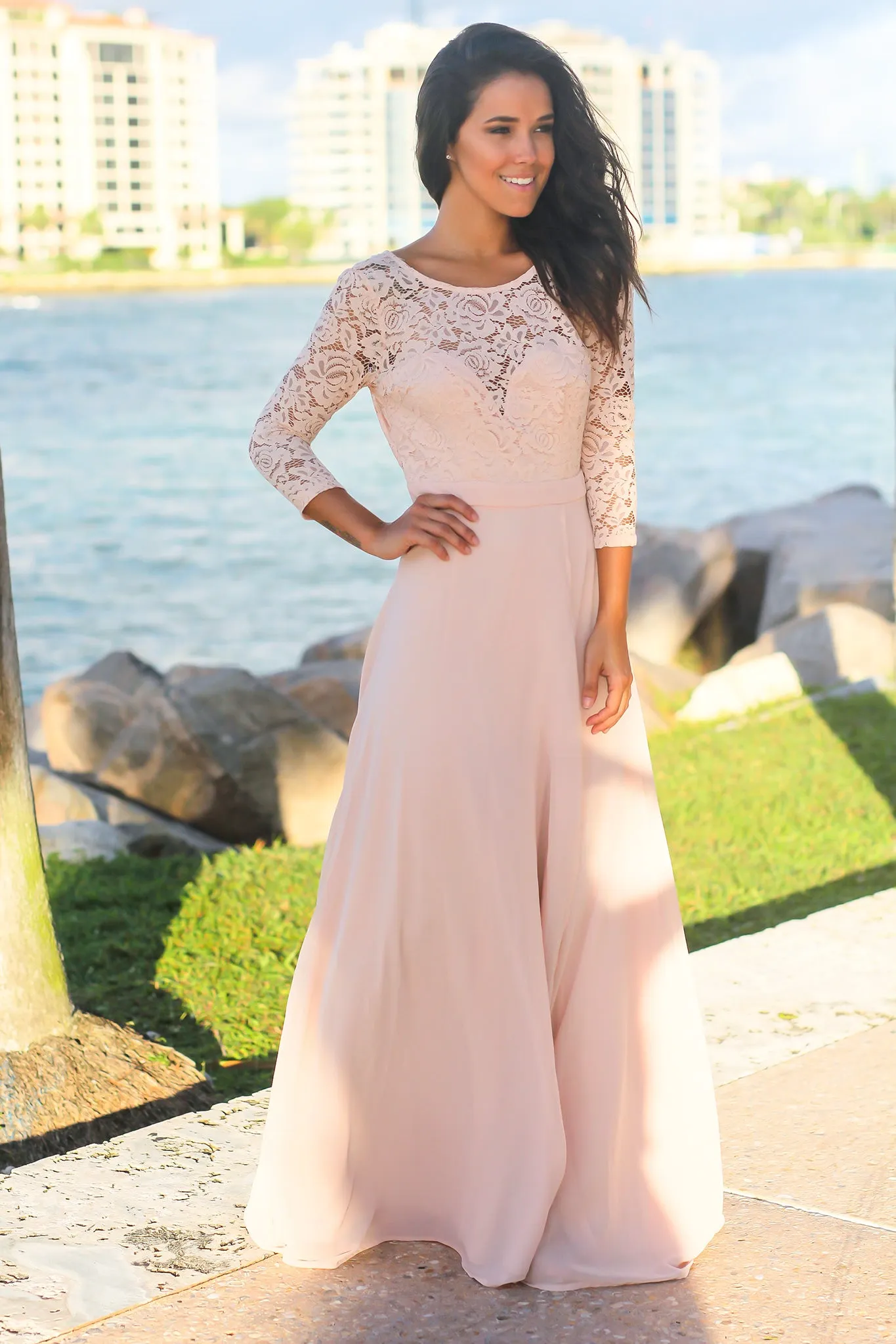 Blush Lace Maxi Dress with 3/4 Sleeves