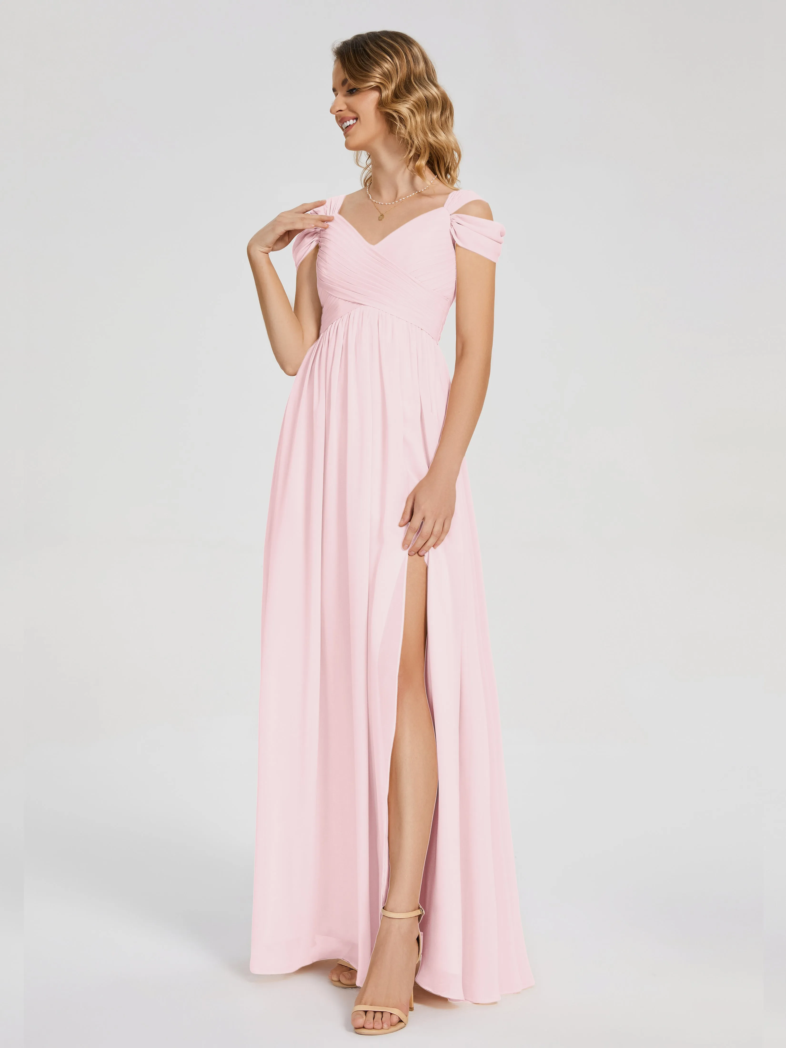 Blush Pink Chiffon Bridesmaid Dresses Charlee Flowy Split Chiffon Bridesmaid Dresses