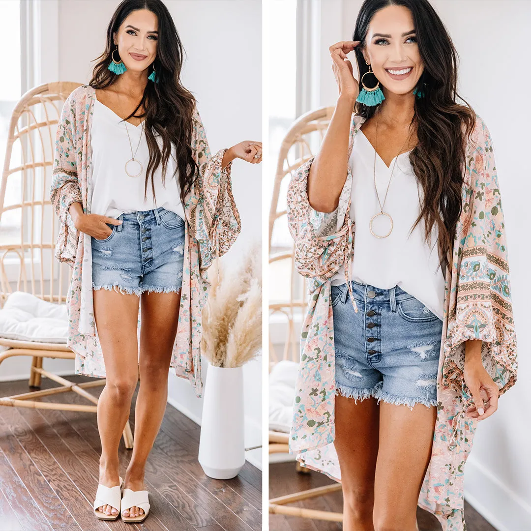 Call On You Blush Pink Floral Kimono