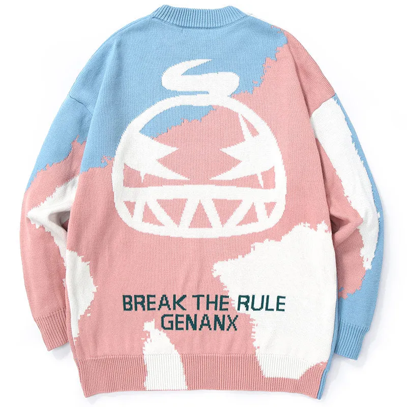 Color Block Graffiti Crew Neck Knit Sweater