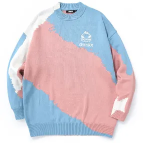 Color Block Graffiti Crew Neck Knit Sweater