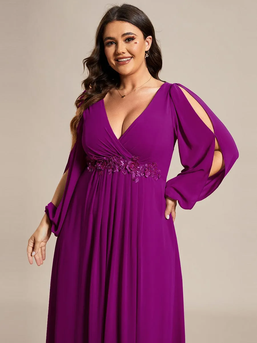 Deep V Neck Long Wedding Guest Dress with Long Sleeves