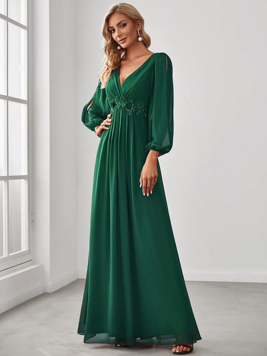 Deep V Neck Long Wedding Guest Dress with Long Sleeves