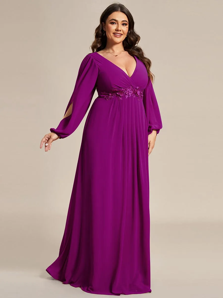 Deep V Neck Long Wedding Guest Dress with Long Sleeves