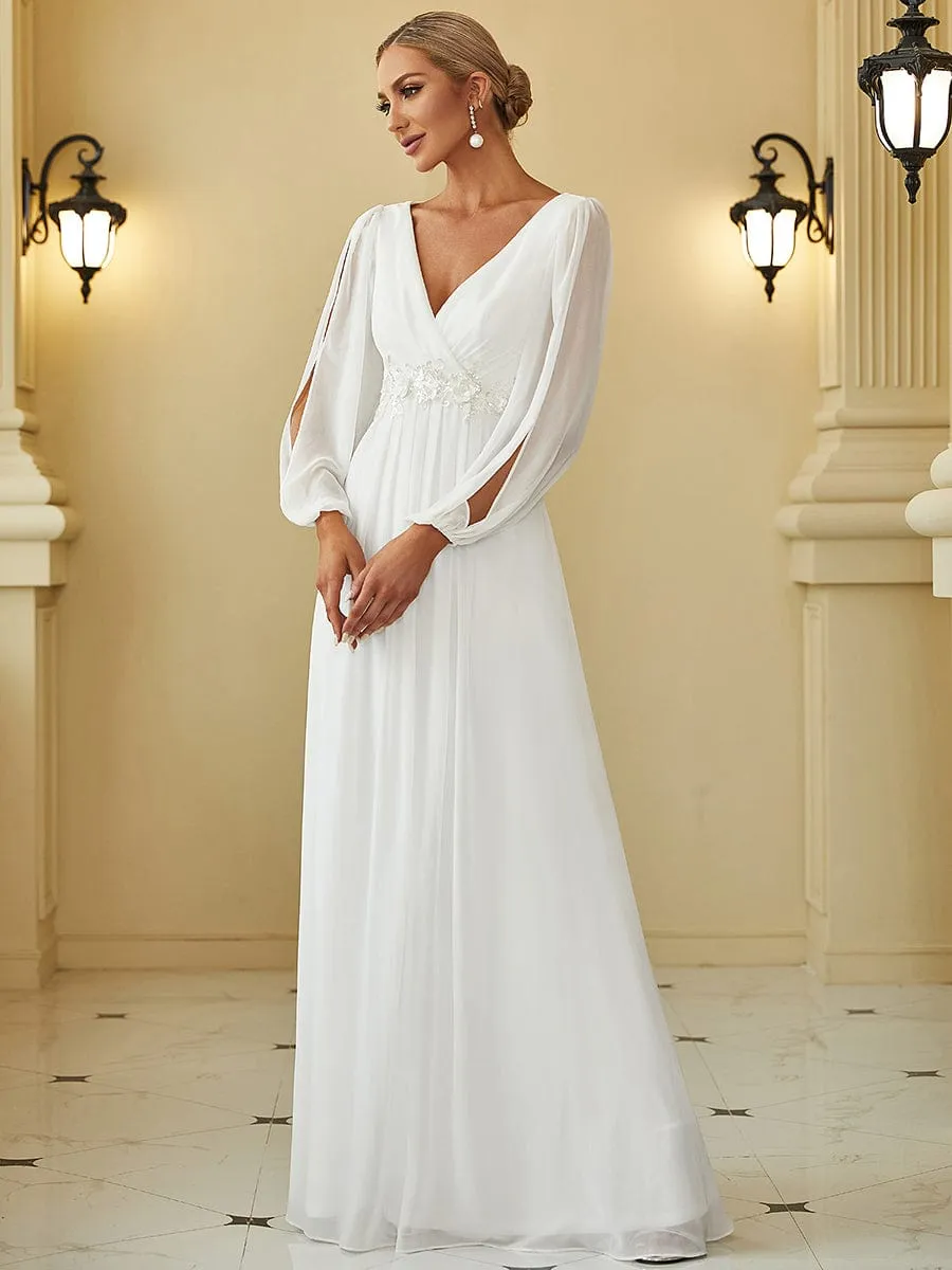 Deep V Neck Long Wedding Guest Dress with Long Sleeves