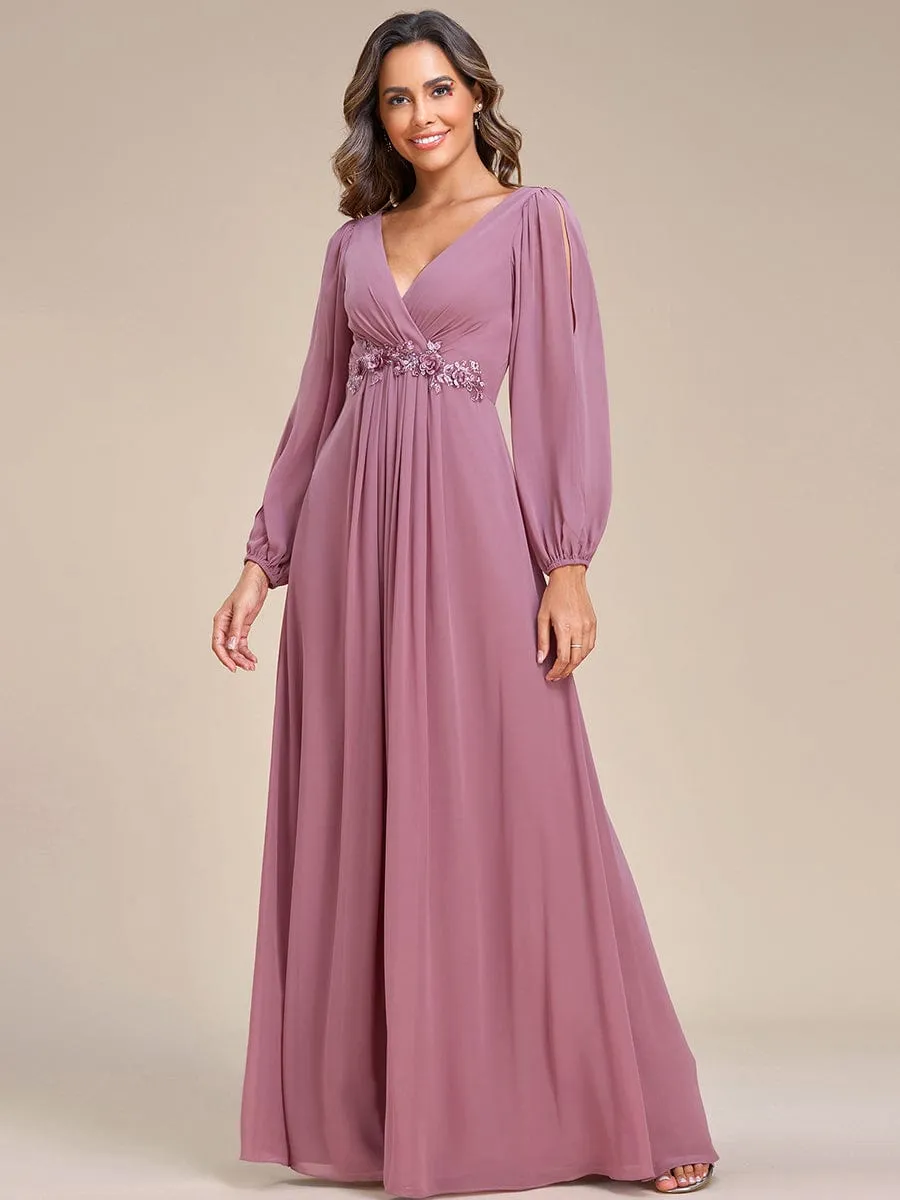 Deep V Neck Long Wedding Guest Dress with Long Sleeves