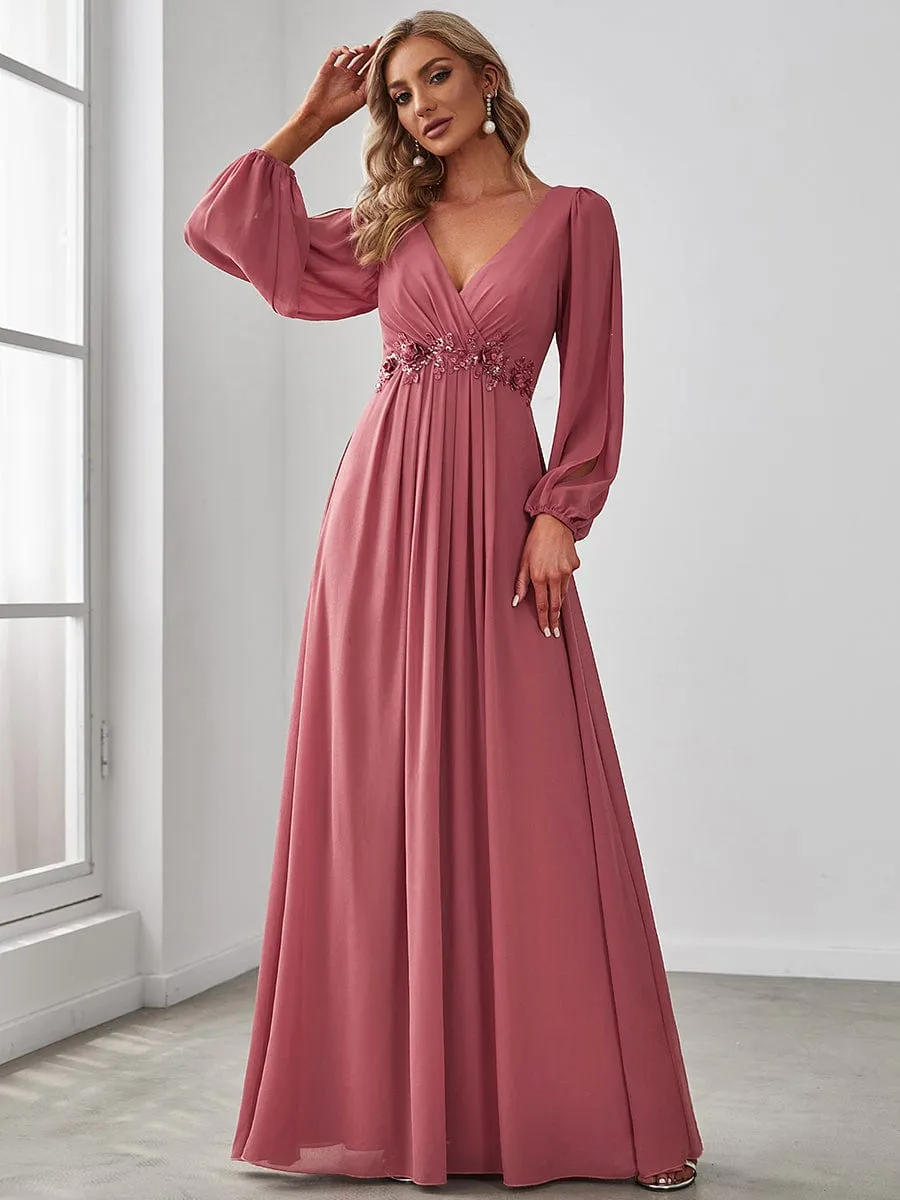 Deep V Neck Long Wedding Guest Dress with Long Sleeves