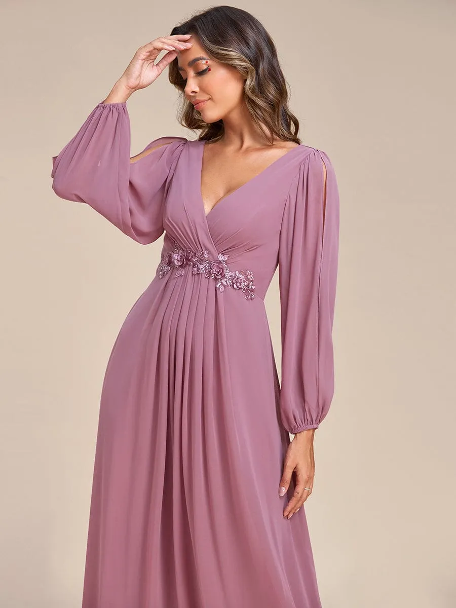 Deep V Neck Long Wedding Guest Dress with Long Sleeves