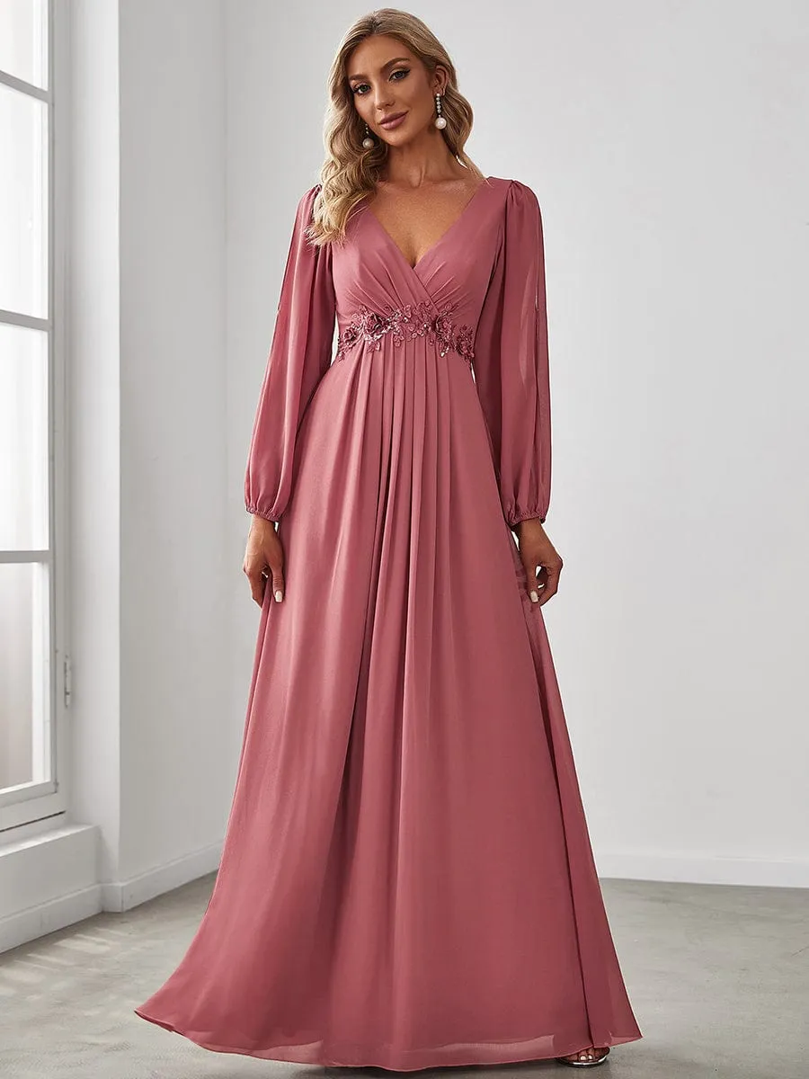 Deep V Neck Long Wedding Guest Dress with Long Sleeves