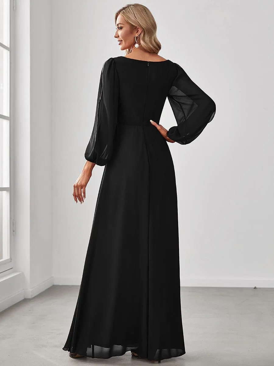 Deep V Neck Long Wedding Guest Dress with Long Sleeves