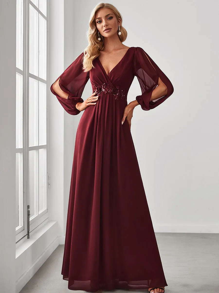 Deep V Neck Long Wedding Guest Dress with Long Sleeves