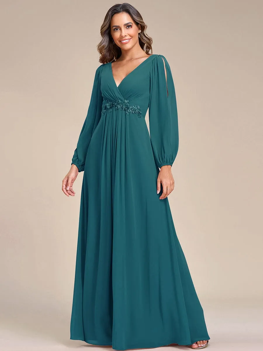 Deep V Neck Long Wedding Guest Dress with Long Sleeves