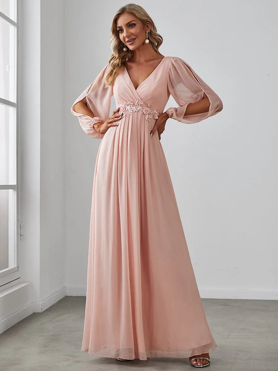 Deep V Neck Long Wedding Guest Dress with Long Sleeves