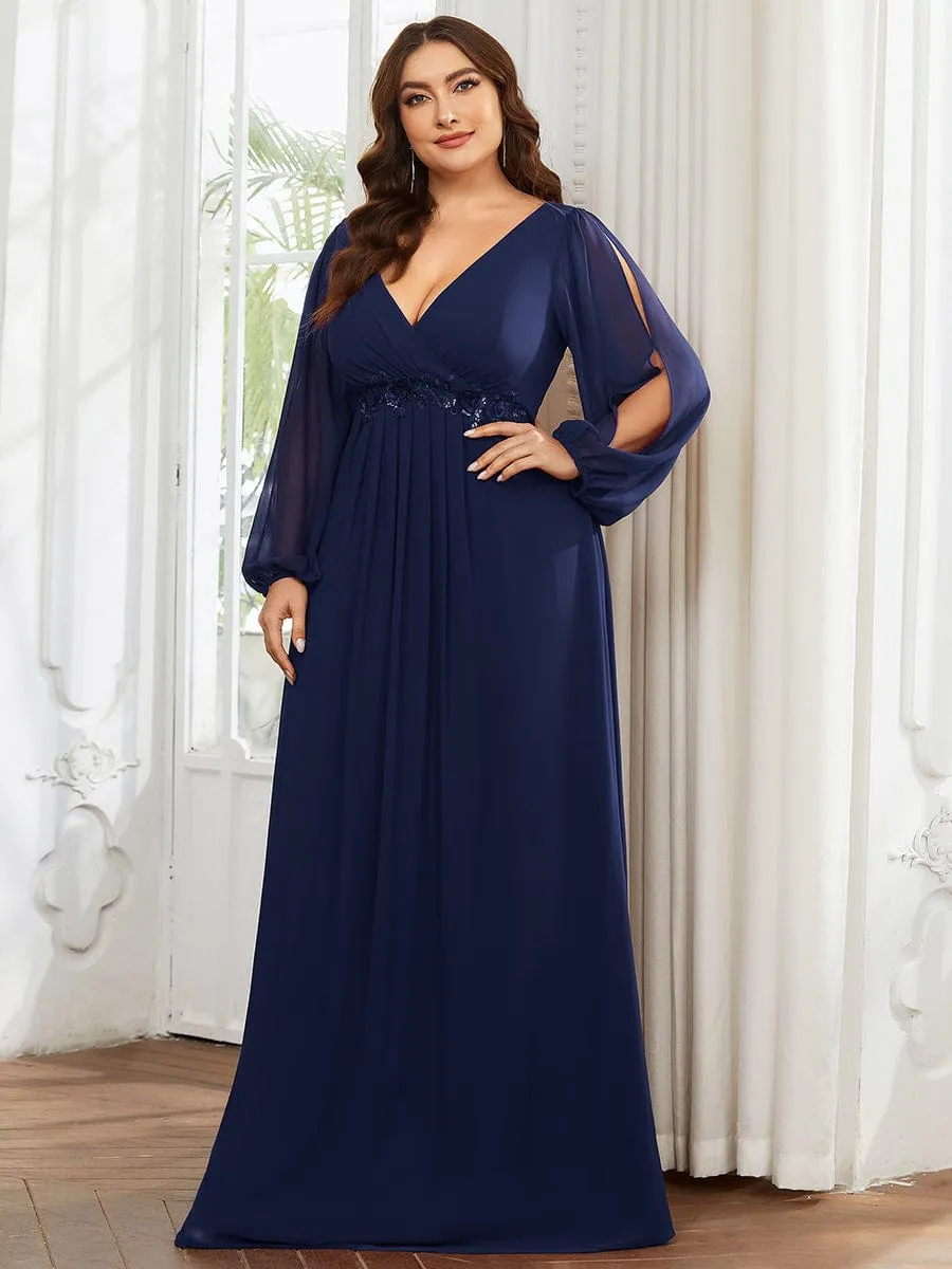 Deep V Neck Long Wedding Guest Dress with Long Sleeves