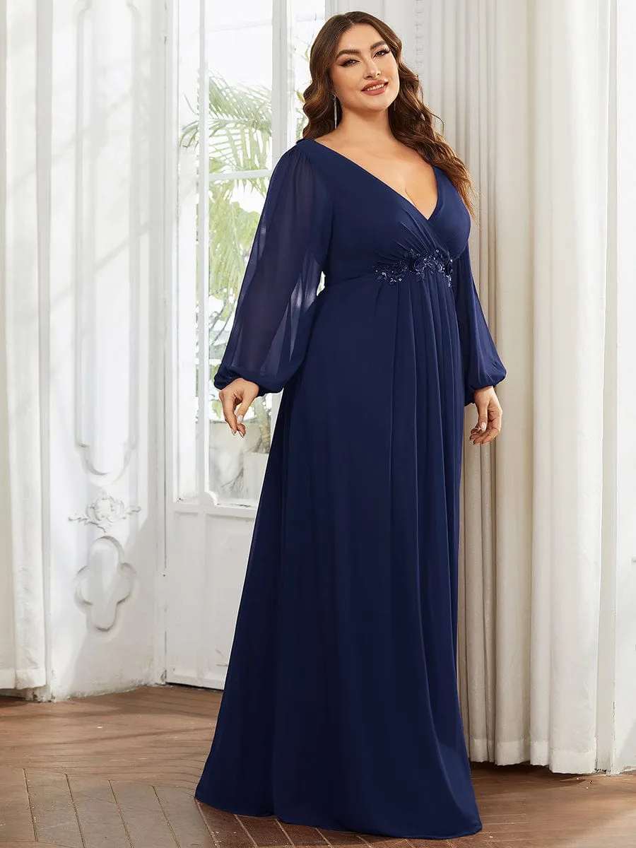 Deep V Neck Long Wedding Guest Dress with Long Sleeves