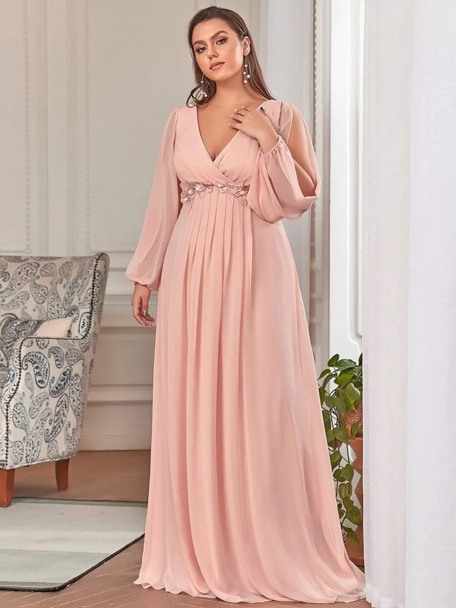 Deep V Neck Long Wedding Guest Dress with Long Sleeves