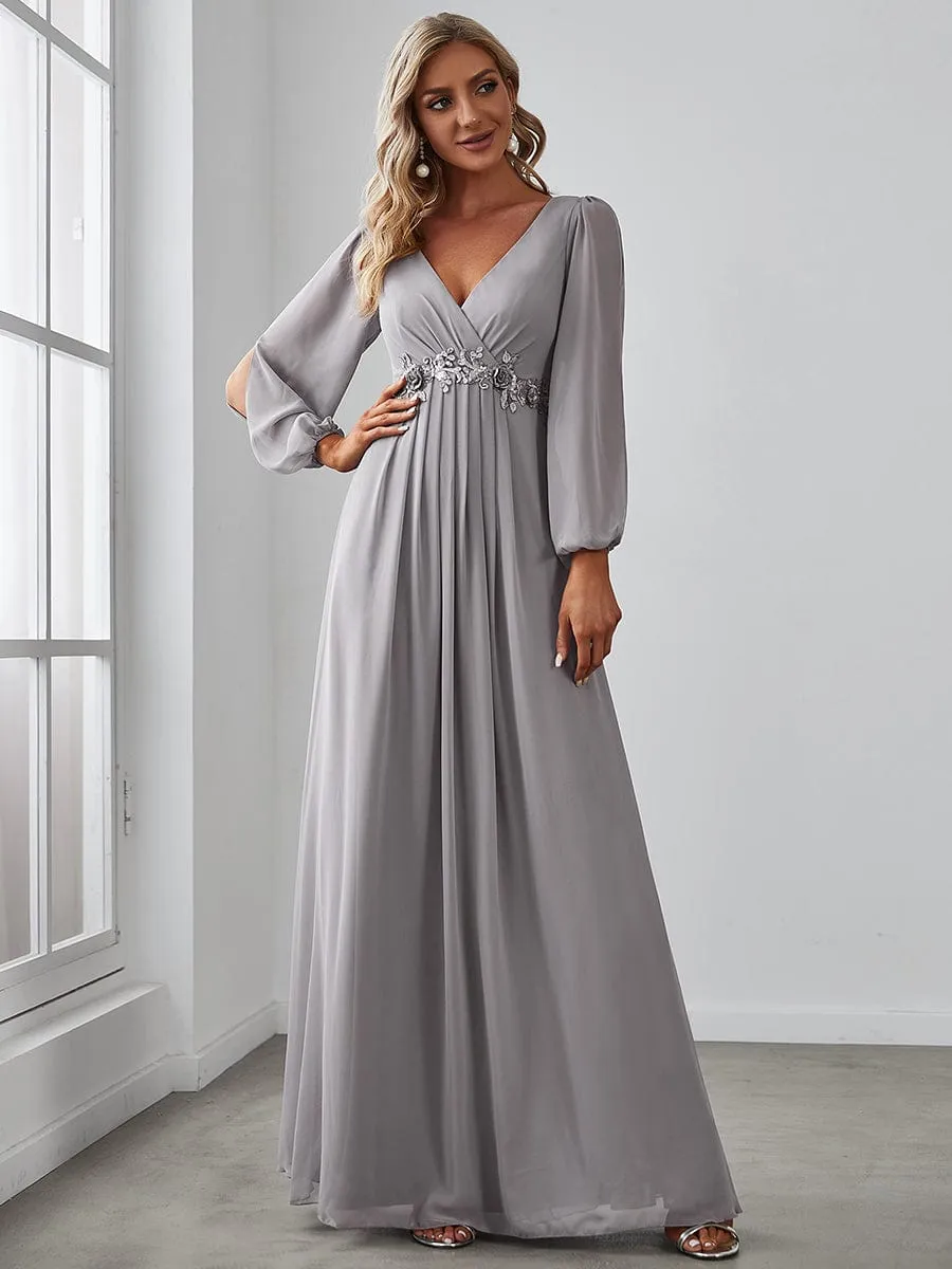 Deep V Neck Long Wedding Guest Dress with Long Sleeves