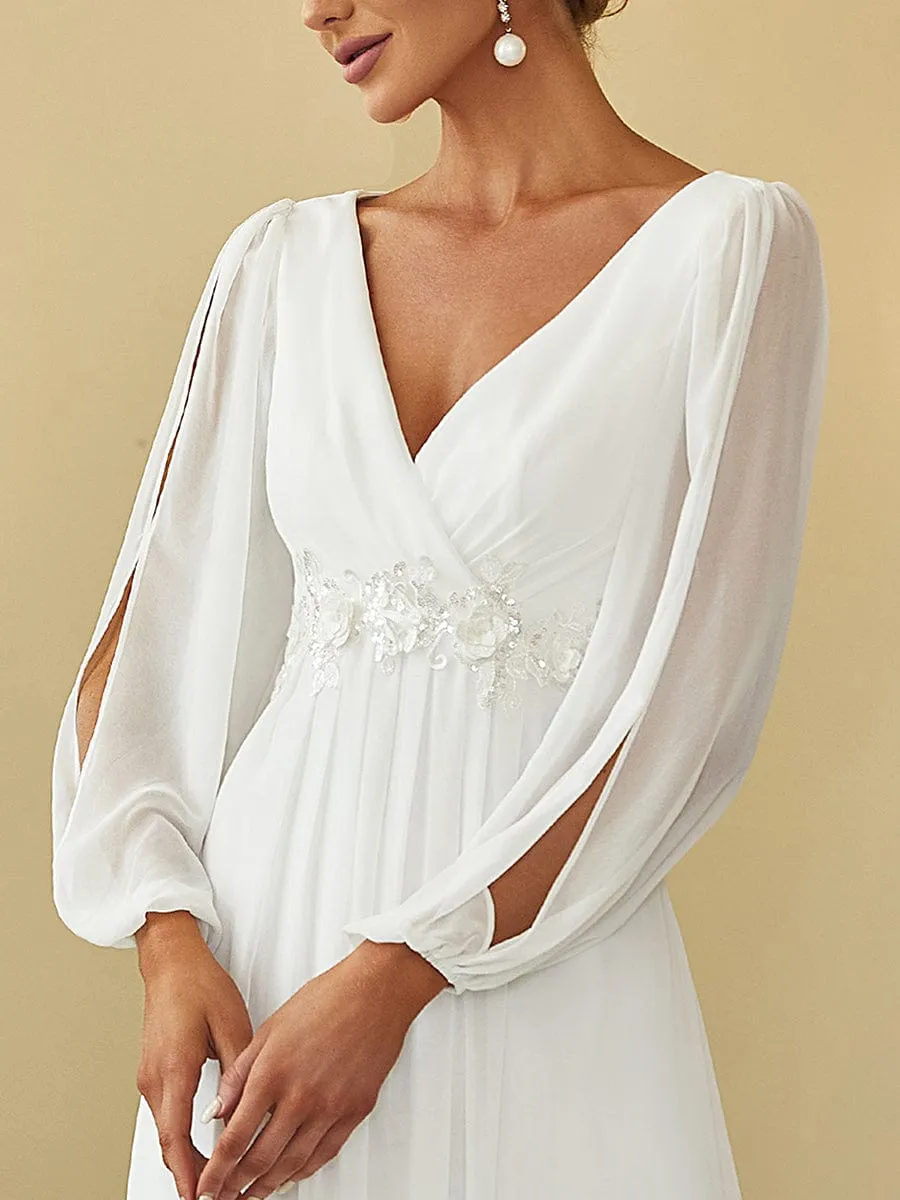 Deep V Neck Long Wedding Guest Dress with Long Sleeves