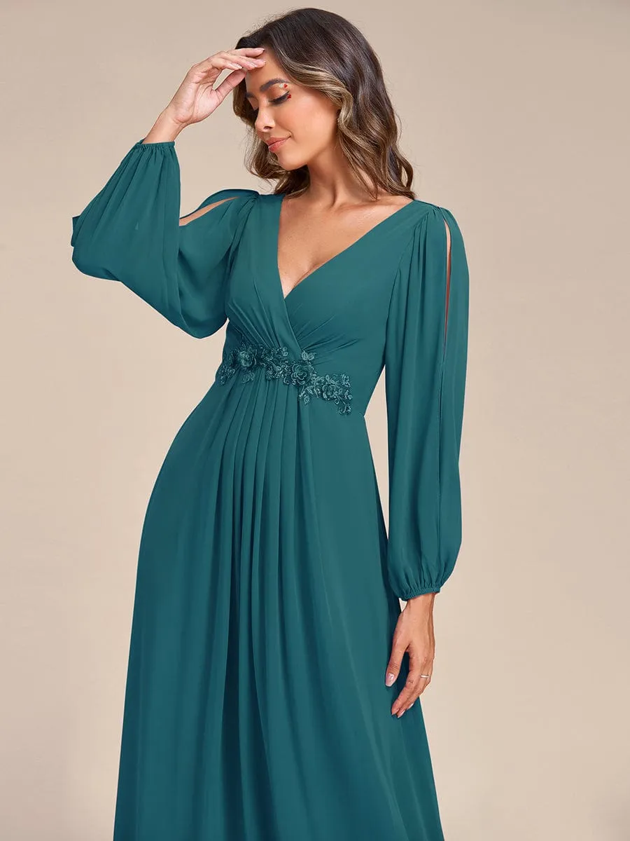 Deep V Neck Long Wedding Guest Dress with Long Sleeves