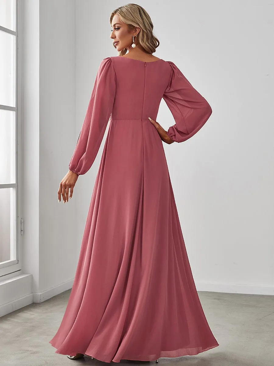 Deep V Neck Long Wedding Guest Dress with Long Sleeves