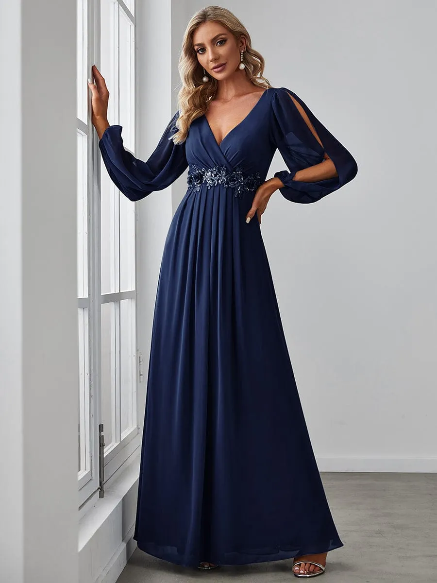 Deep V Neck Long Wedding Guest Dress with Long Sleeves