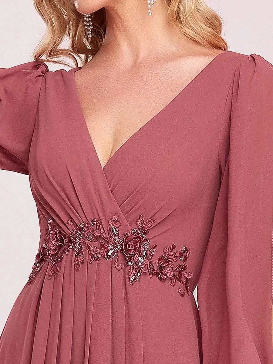 Deep V Neck Long Wedding Guest Dress with Long Sleeves