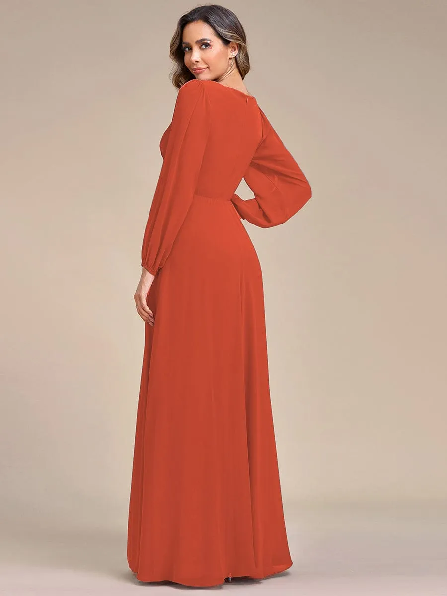 Deep V Neck Long Wedding Guest Dress with Long Sleeves