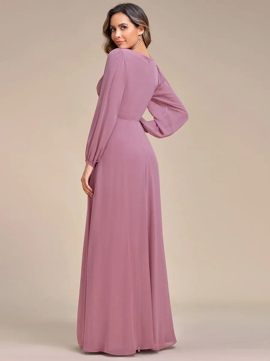 Deep V Neck Long Wedding Guest Dress with Long Sleeves