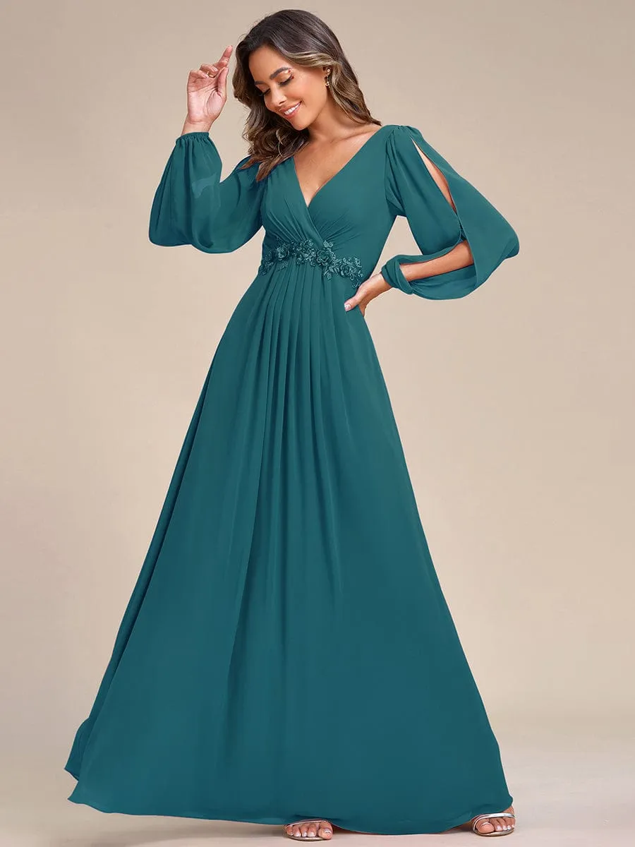 Deep V Neck Long Wedding Guest Dress with Long Sleeves