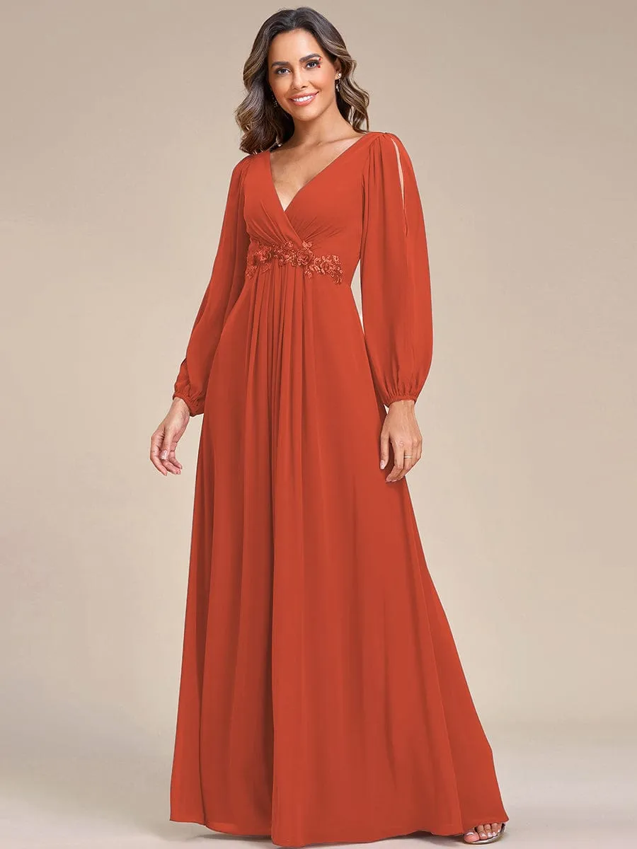 Deep V Neck Long Wedding Guest Dress with Long Sleeves