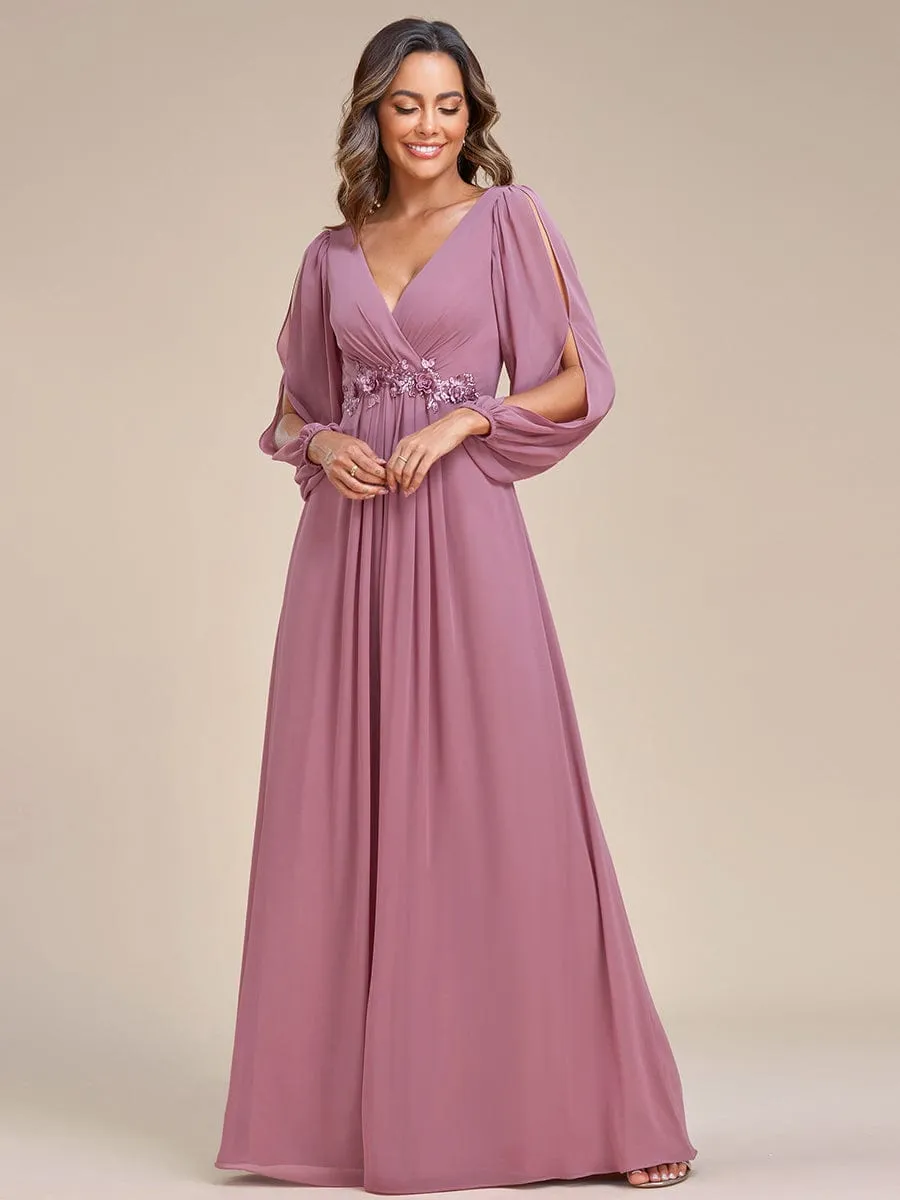 Deep V Neck Long Wedding Guest Dress with Long Sleeves