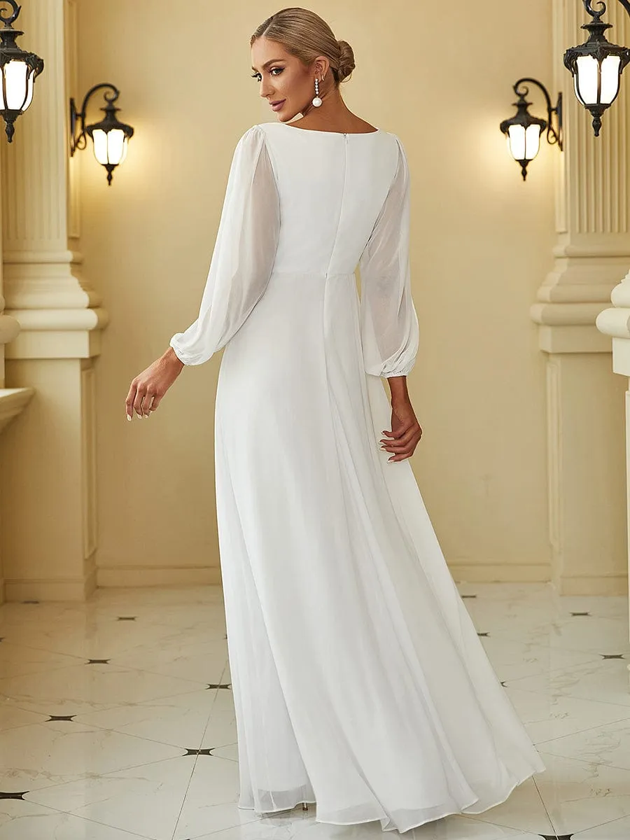 Deep V Neck Long Wedding Guest Dress with Long Sleeves