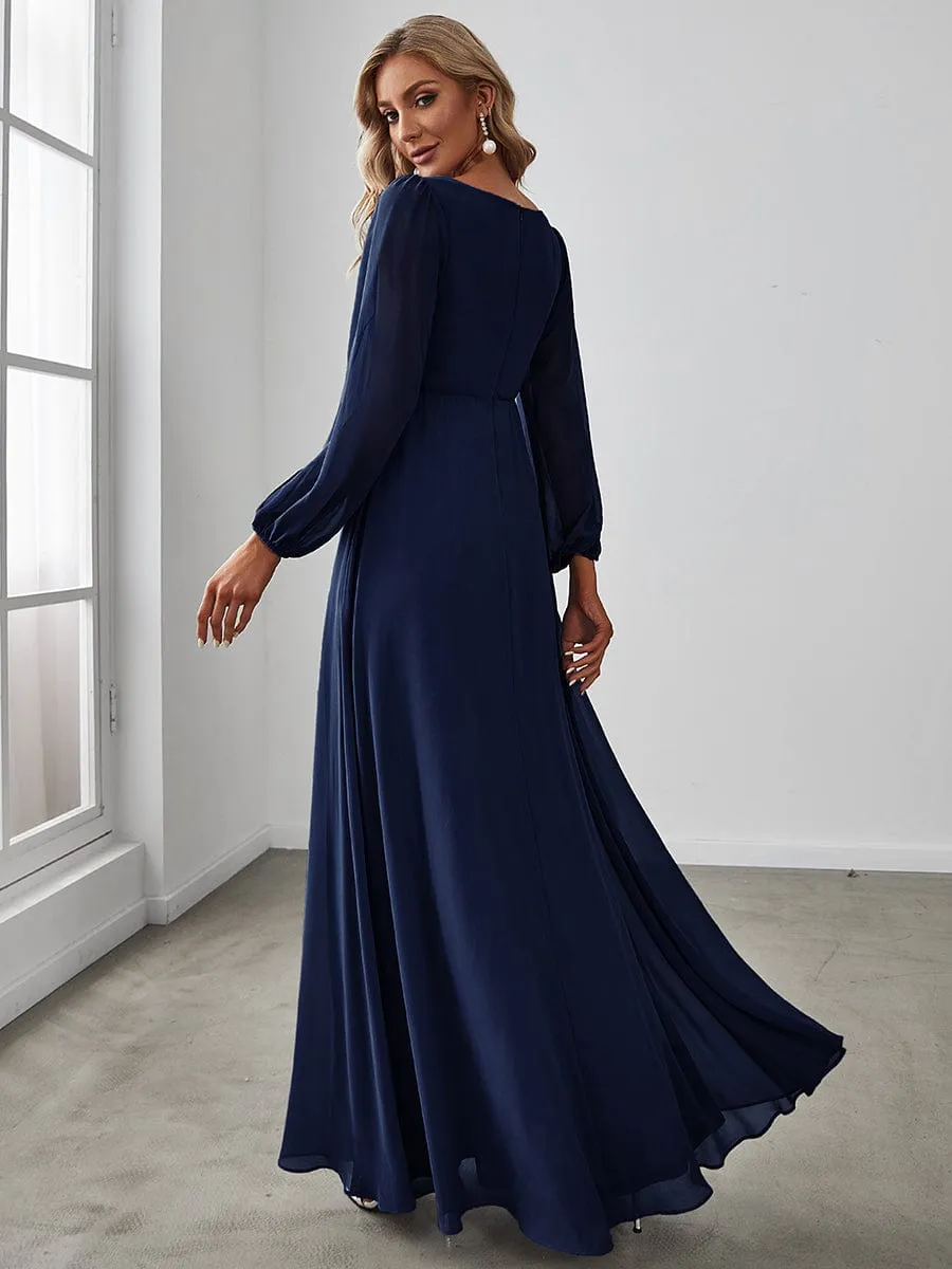 Deep V Neck Long Wedding Guest Dress with Long Sleeves