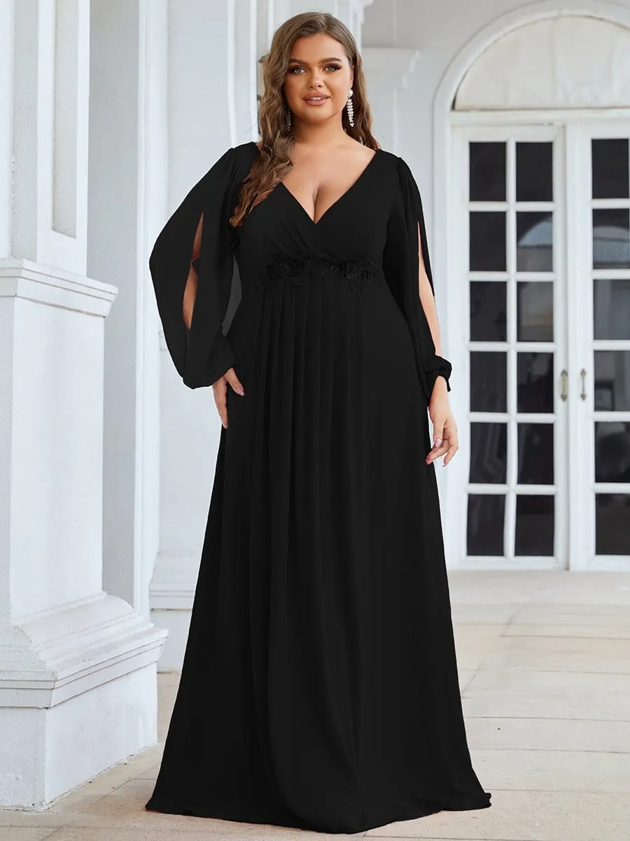 Deep V Neck Long Wedding Guest Dress with Long Sleeves