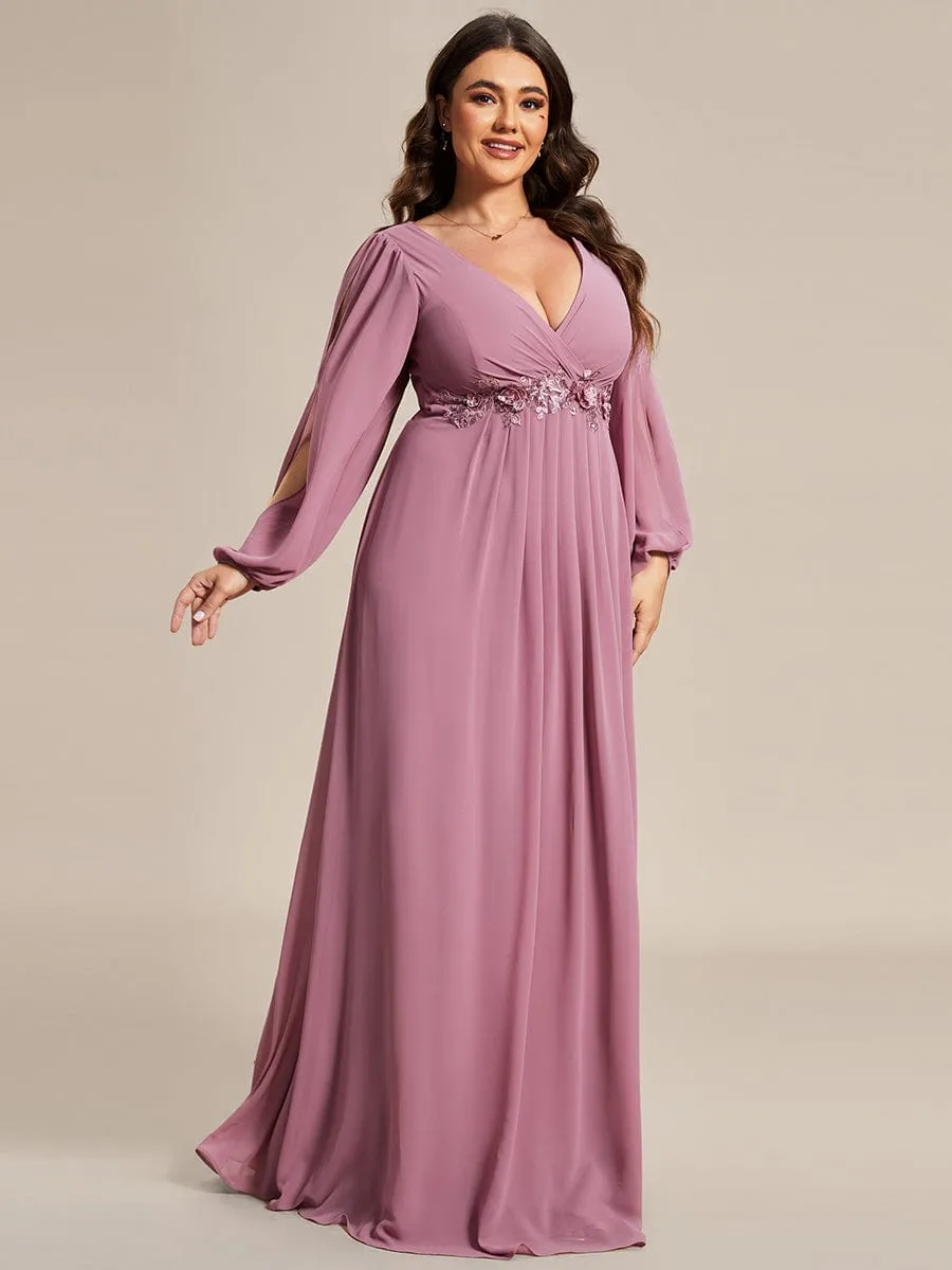 Deep V Neck Long Wedding Guest Dress with Long Sleeves