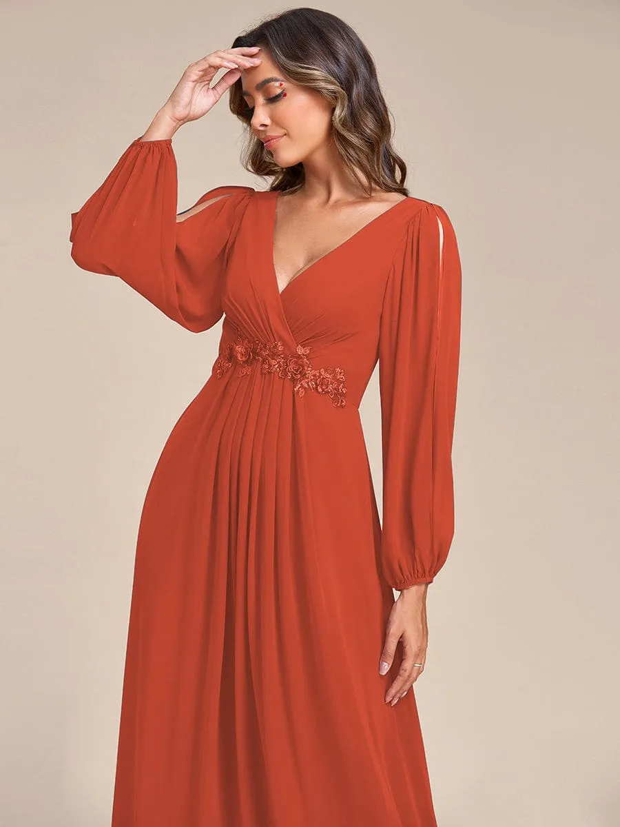 Deep V Neck Long Wedding Guest Dress with Long Sleeves