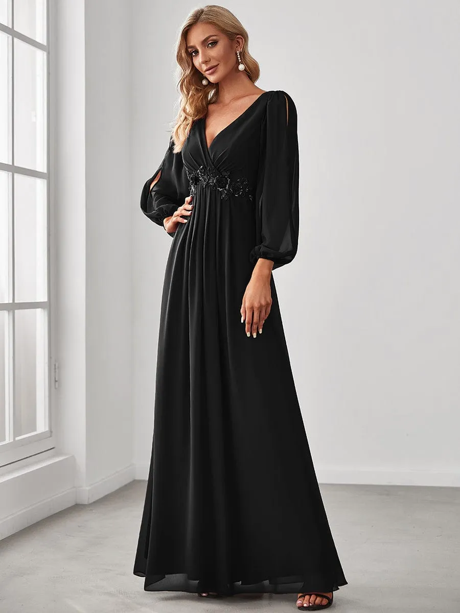 Deep V Neck Long Wedding Guest Dress with Long Sleeves