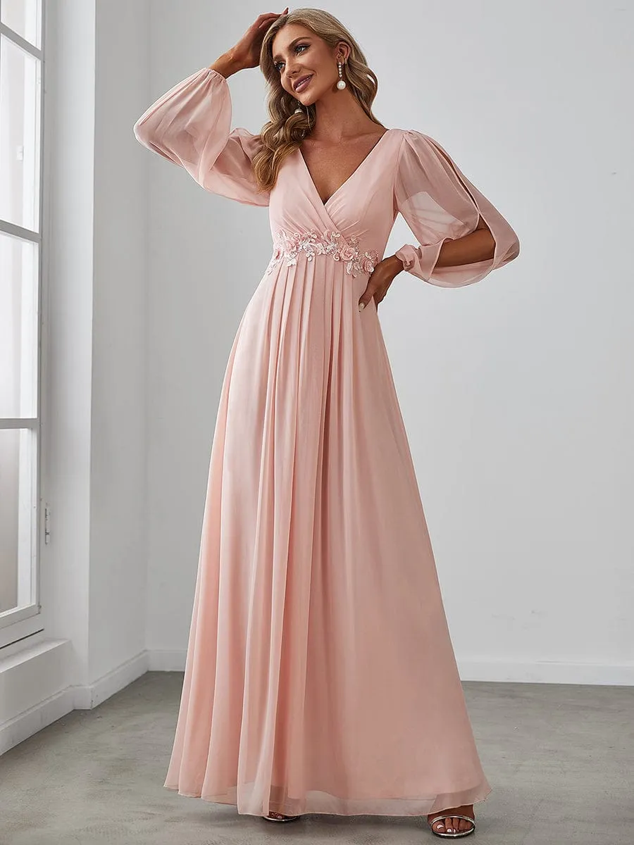 Deep V Neck Long Wedding Guest Dress with Long Sleeves