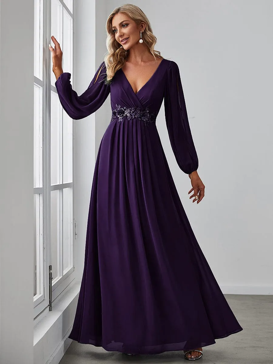 Deep V Neck Long Wedding Guest Dress with Long Sleeves