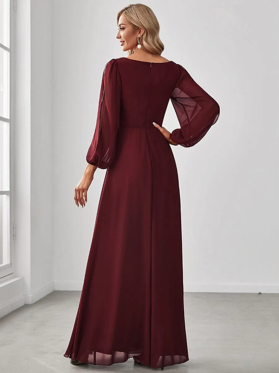 Deep V Neck Long Wedding Guest Dress with Long Sleeves