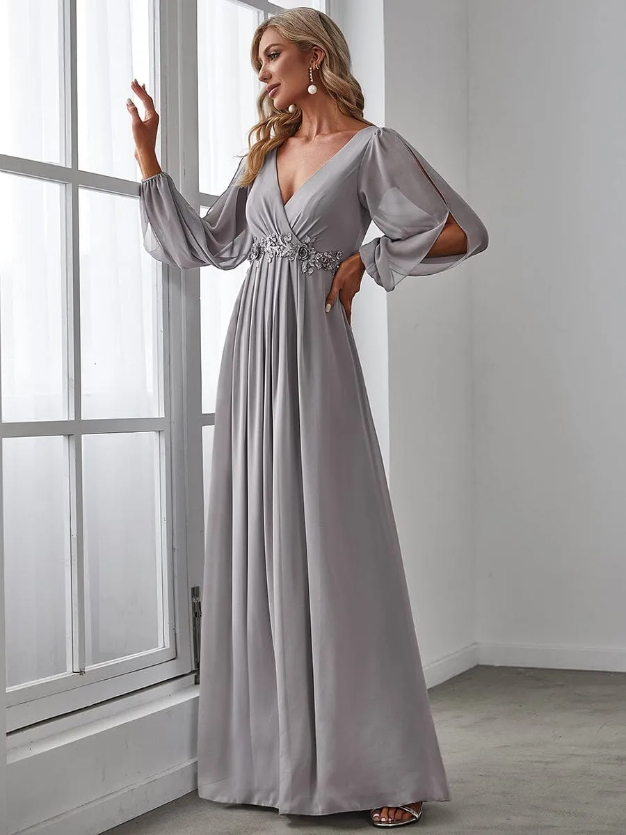 Deep V Neck Long Wedding Guest Dress with Long Sleeves