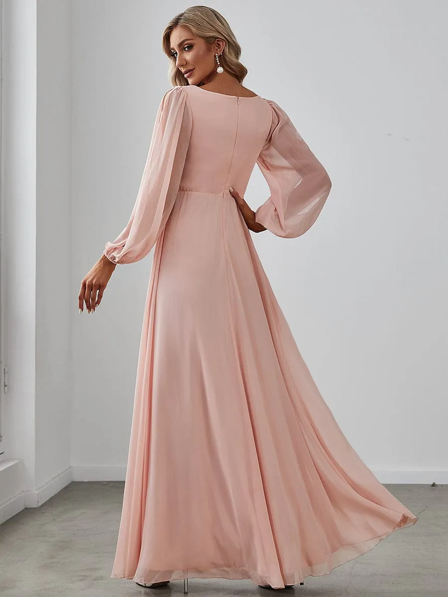 Deep V Neck Long Wedding Guest Dress with Long Sleeves