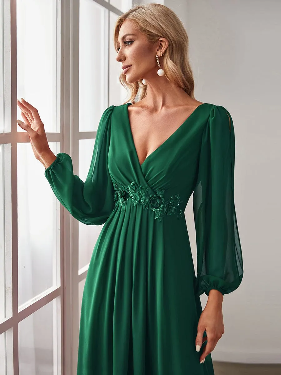 Deep V Neck Long Wedding Guest Dress with Long Sleeves