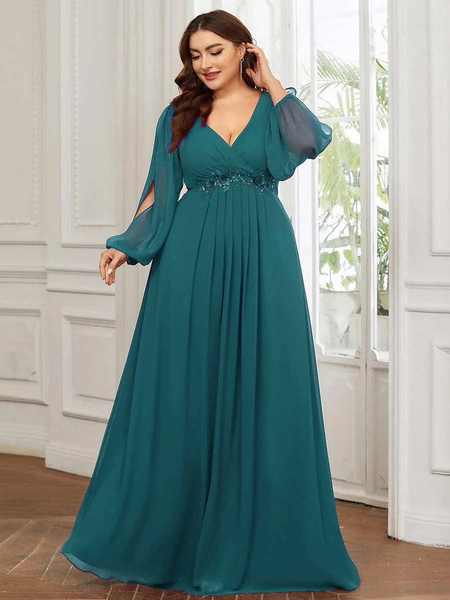 Deep V Neck Long Wedding Guest Dress with Long Sleeves