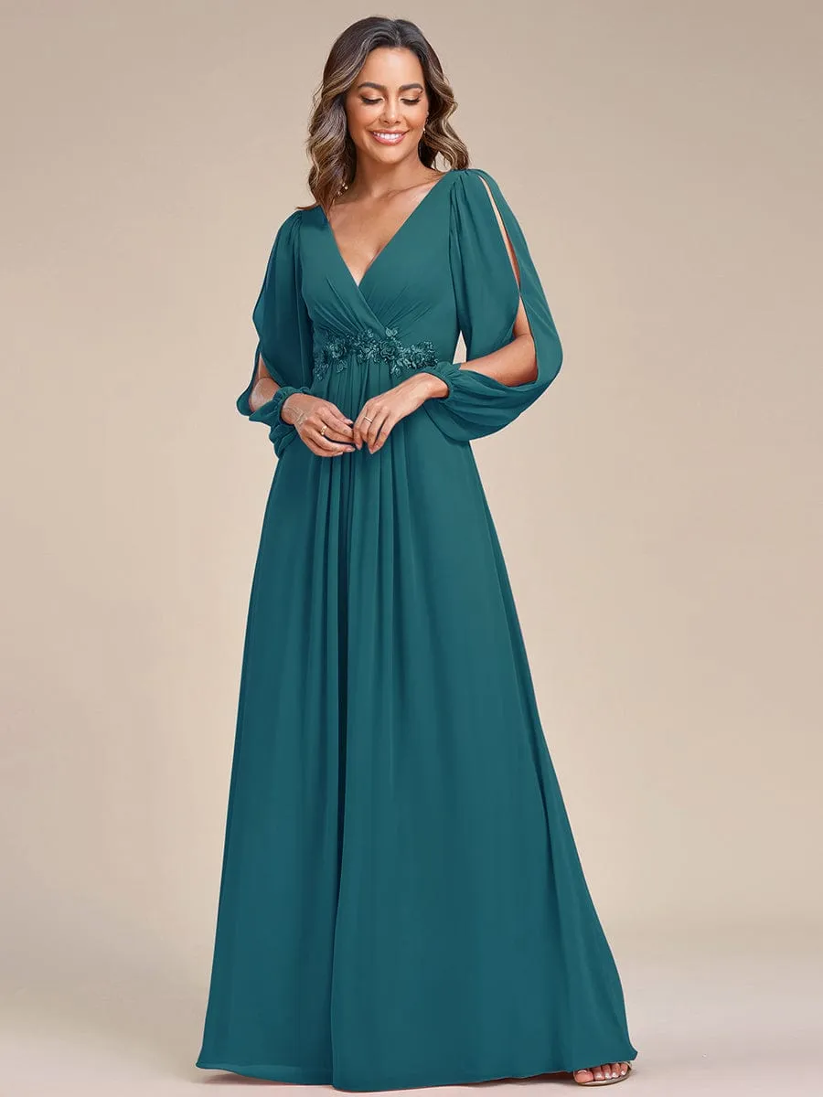 Deep V Neck Long Wedding Guest Dress with Long Sleeves