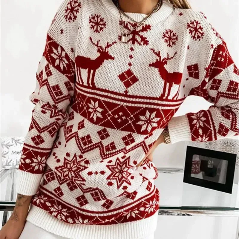 Deer Print Casual Loose Long Sleeve O Neck Christmas Sweater