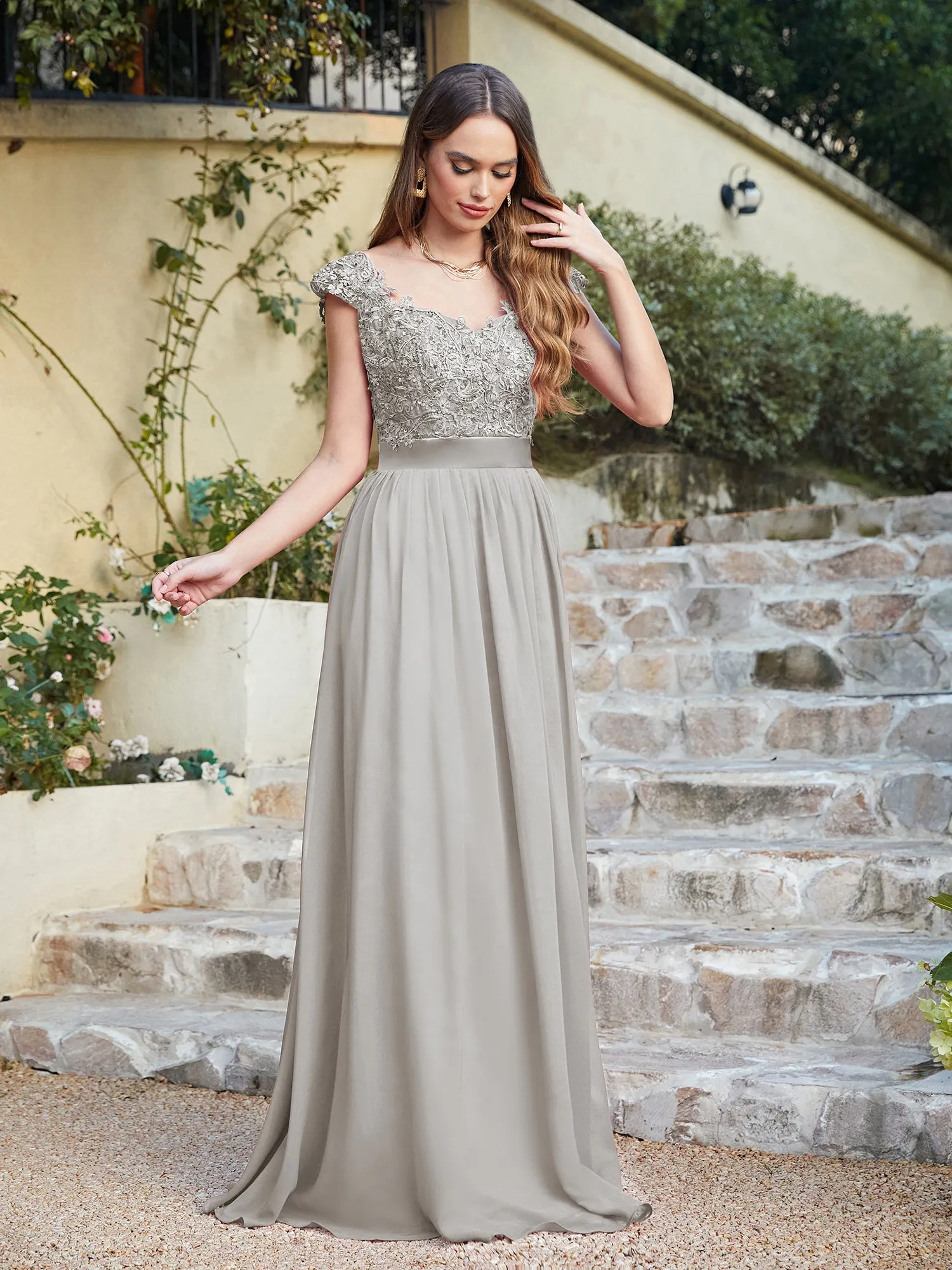 Elegant Long A line Scoop Neck Chiffon Floor Length Dress Lace Bridesmaid Dress